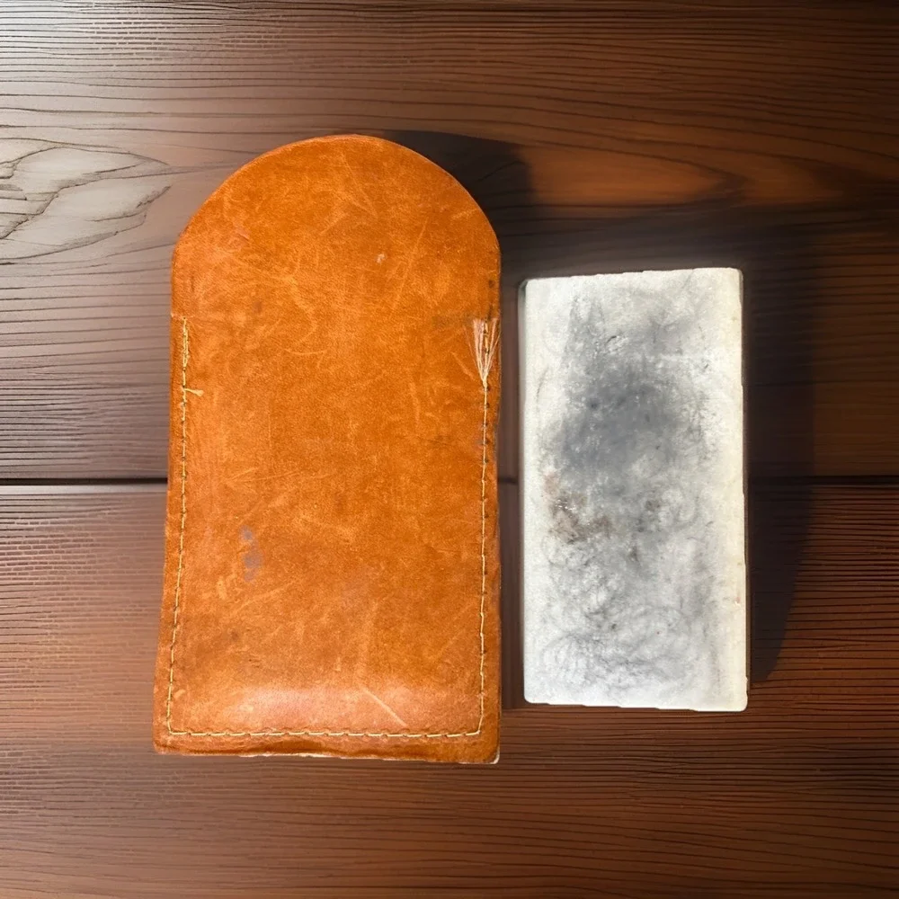 Vintage Sharpening Stone With Stitched Leather Pouch